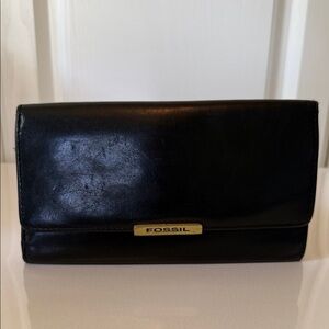 Vintage Fossil Wallet Black Leather 7” with Gold Logo Plate